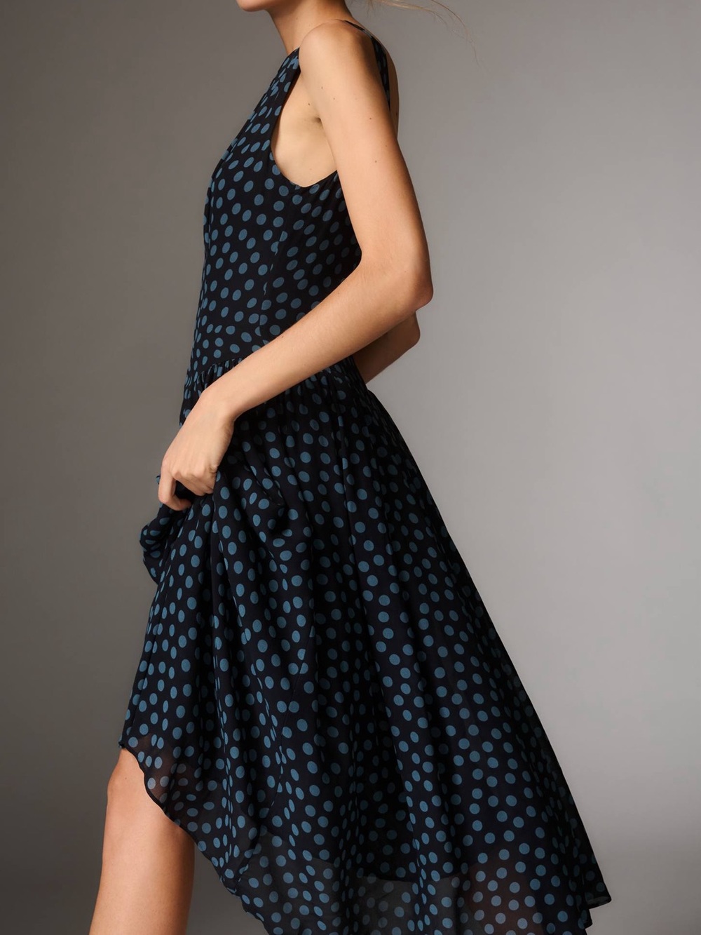 Reformation Black Midi Dress with Blue Polka Dots - Picture 2 of 2